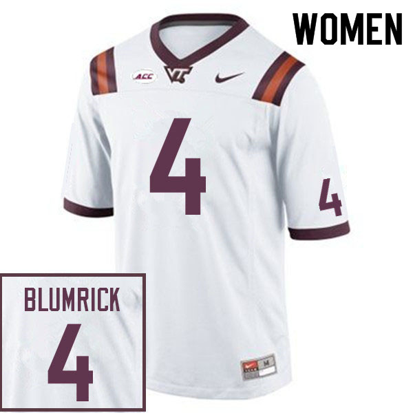 Women #4 Connor Blumrick Virginia Tech Hokies College Football Jerseys Sale-White